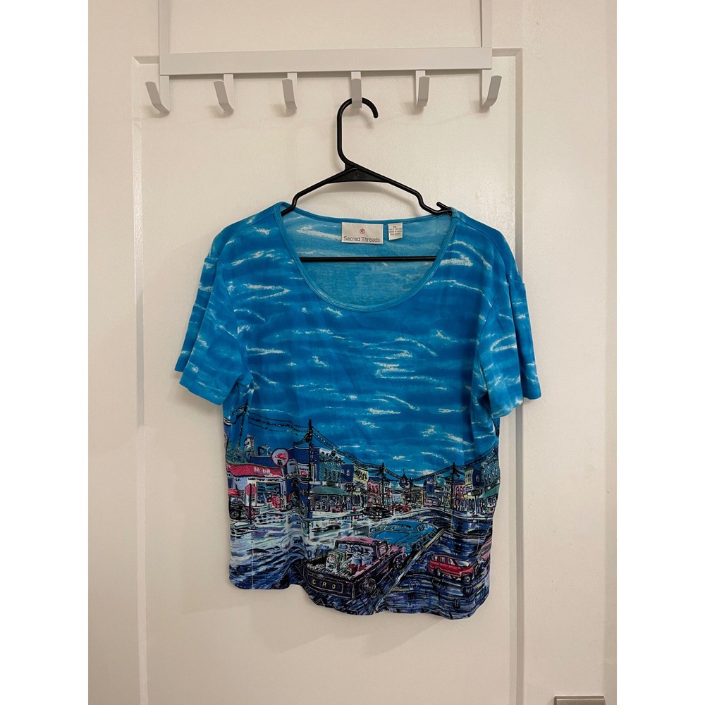 Vintage Sacred Threads 90s Beaded Blue City Tshirt Euro Coastal Blouse
